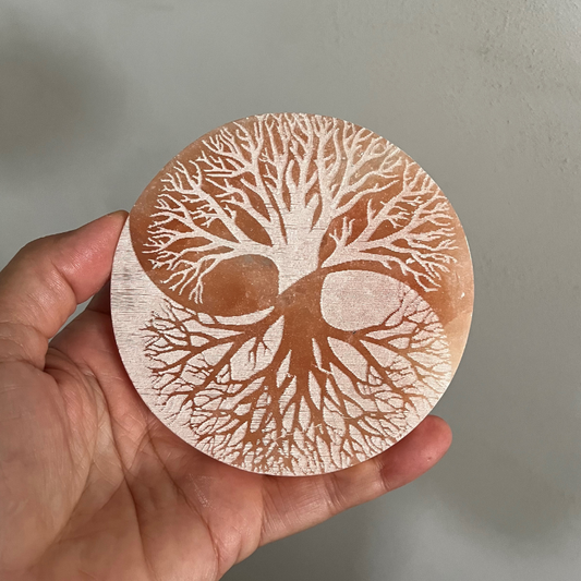 Piattino in Selenite Color Pesca – Albero della Vita Yin Yang