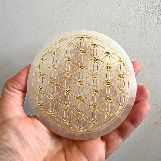 Piattino di Selenite - Fiore della Vita dorato