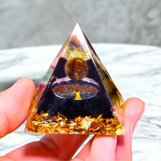 Piramide dell'Albero della Vita in Orgonite Occhio di Tigre e Ossidiana