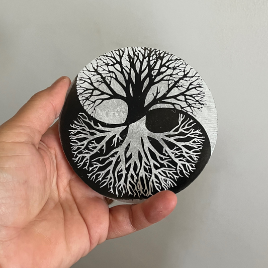 Piattino in Selenite – Yin Yang e Albero della Vita