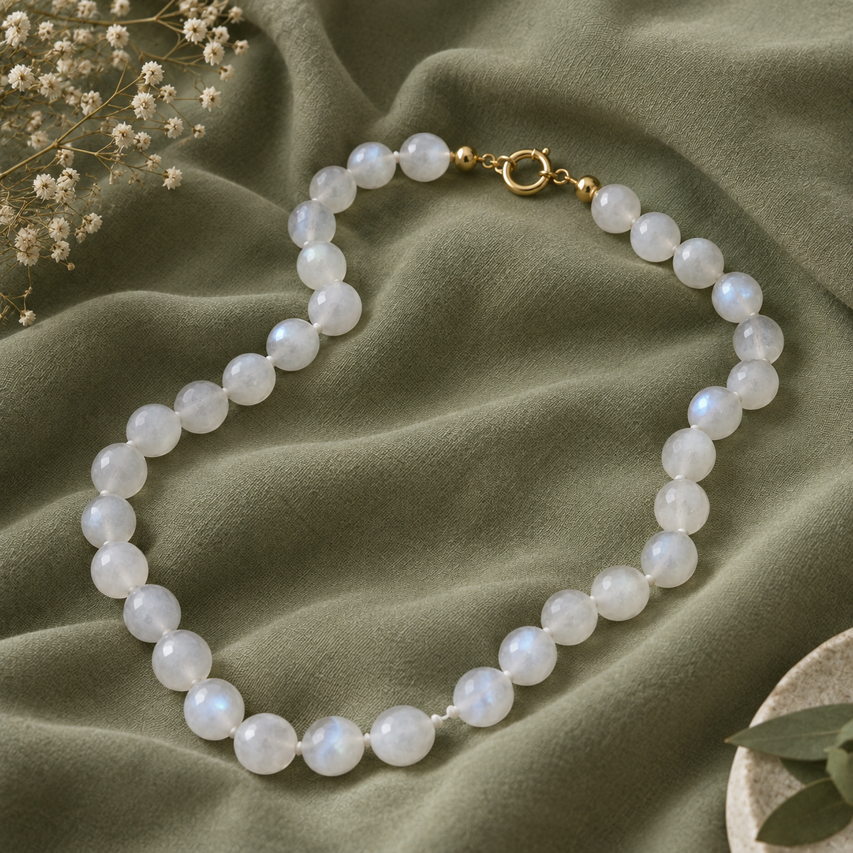 Collana in Pietra di Luna Bianca con Chiusura Dorata