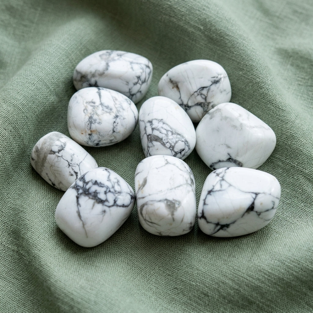 Pietra howlite burattata bianca con venature grigie, appoggiata su un panno