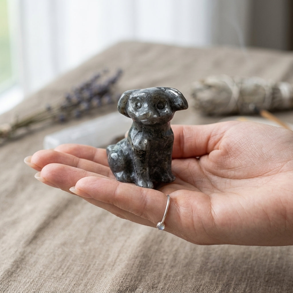 Cagnolino in Larvikite – Scultura in Pietra Naturale