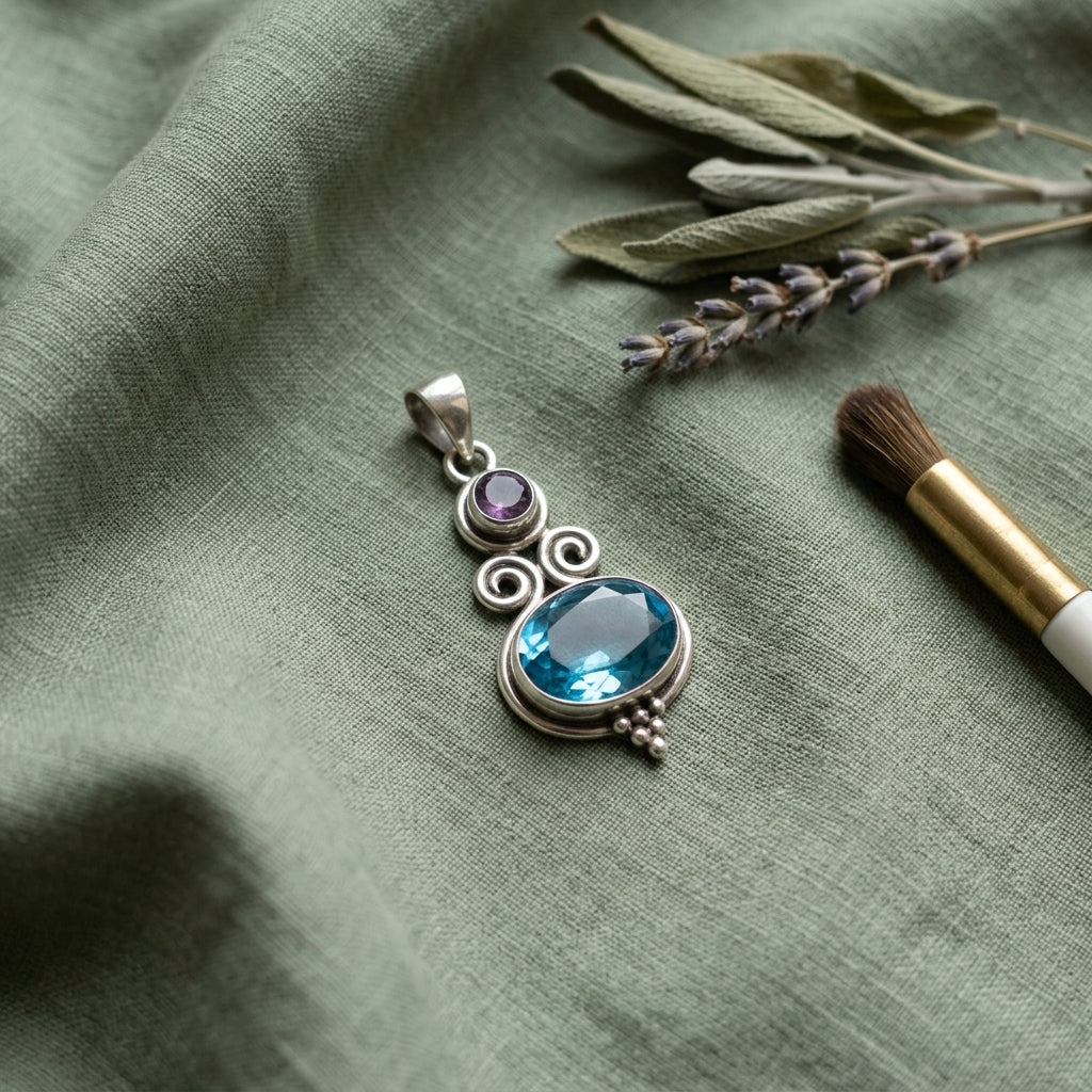 Ciondolo Topazio Blu e Ametista in Argento 925