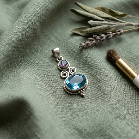 Ciondolo Topazio Blu e Ametista in Argento 925