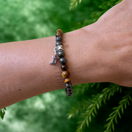 Bracciale Occhio di Tigre e Pirite – con Charm Zodiacale