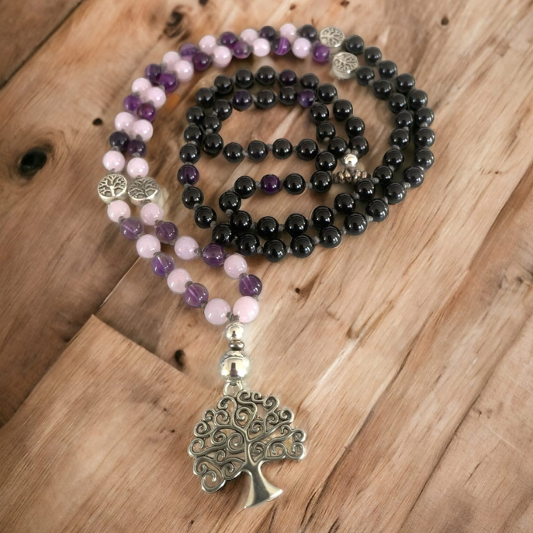 JAPAMALA IN AMETHYST, ROSE QUARTZ, PURPLE AGATE AND TOURMALINE (6mm)