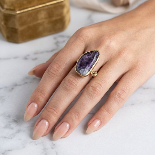Anello Artigianale in Ametista e Bronzo - Regolabile