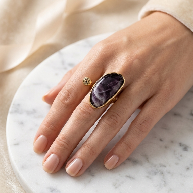 Anello Artigianale in Ametista e Bronzo - Regolabile