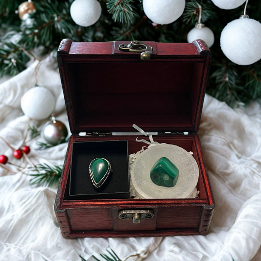 Forziere Malachite e Piattino Selenite – Trasformazione del Cuore e Protezione Emotiva