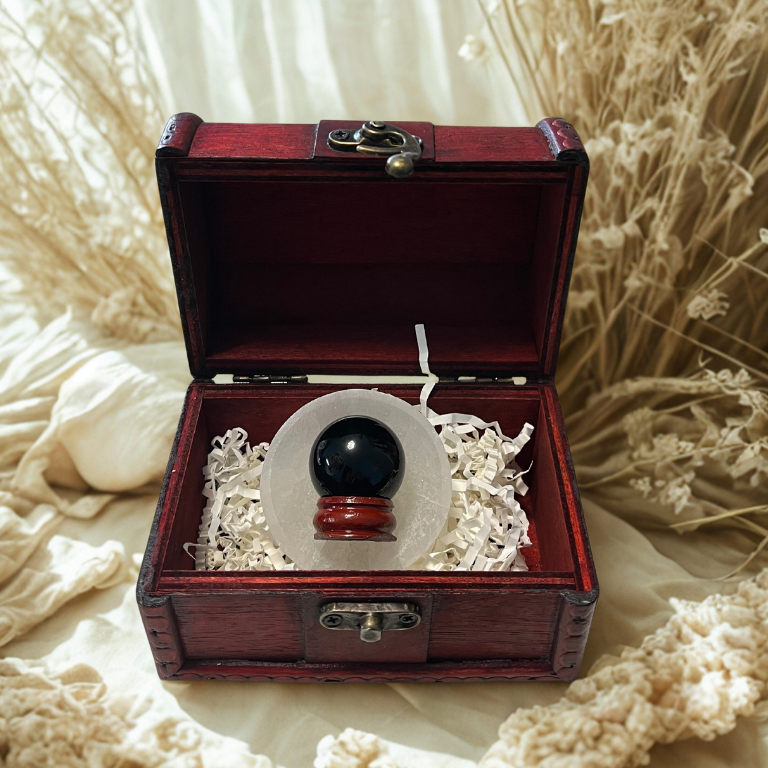 Forziere Sfera e Piattino Selenite – Energia, Equilibrio e Intenzione