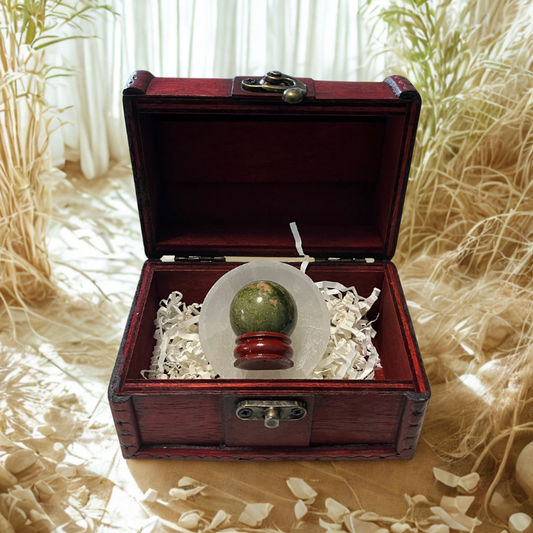 Forziere Sfera e Piattino Selenite – Energia, Equilibrio e Intenzione