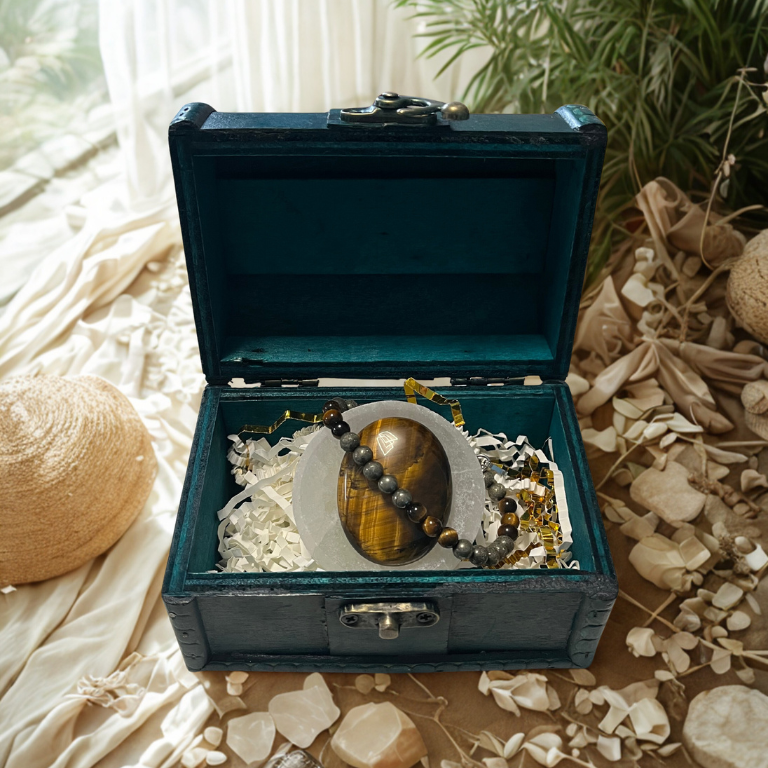 Forziere Occhio di Tigre e Piattino Selenite – Coraggio e Realizzazione Personale