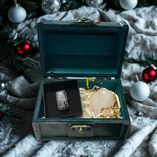 Forziere Pietra di Luna con Tormalina e Quarzo - Protezione Limpida e Chiarezza Interiore