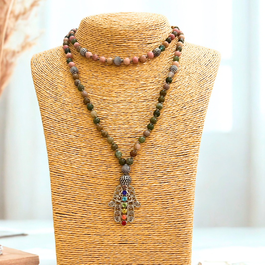 Mala in Rodonite e Agata Indiana