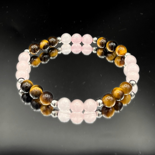 Pulsera de Cuarzo Rosa y Ojo de Tigre – Amor y Fuerza Interior