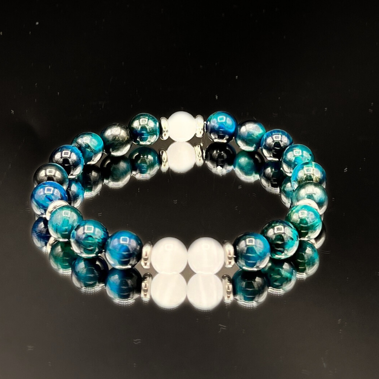 Bracciale in Occhio di Tigre Blu e Pietra di Luna – Intuizione e Protezione