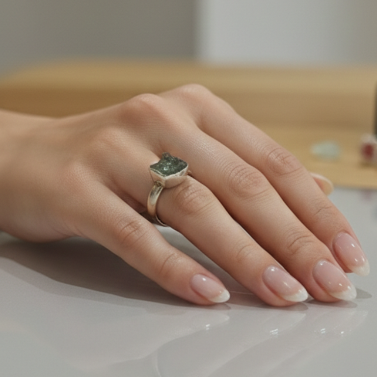 Anello in Argento 925 con Moldavite Grezza Naturale