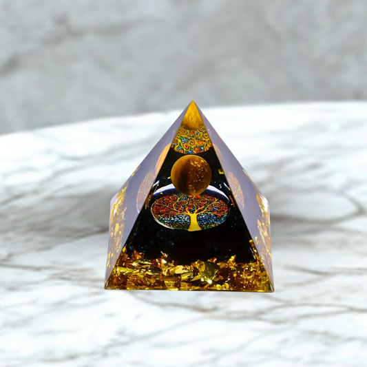 Piramide dell'Albero della Vita in Orgonite Occhio di Tigre e Ossidiana