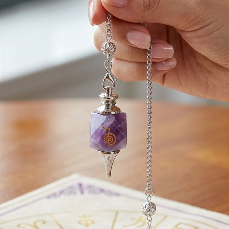 Pendolo reiki in ametista con catena argentata
