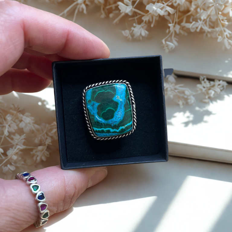 Anello Regolabile in Malachite e Crisocolla