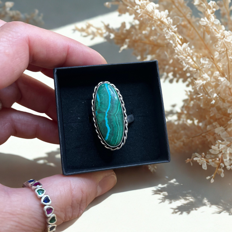Anello Regolabile in Malachite e Crisocolla
