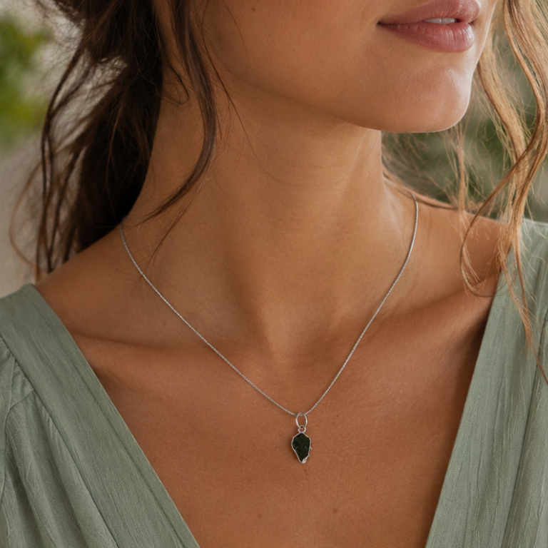 Collana Moldavite | Ciondolo Argento 925 su Catena Acciaio – Pietra Meteorica della Trasformazione