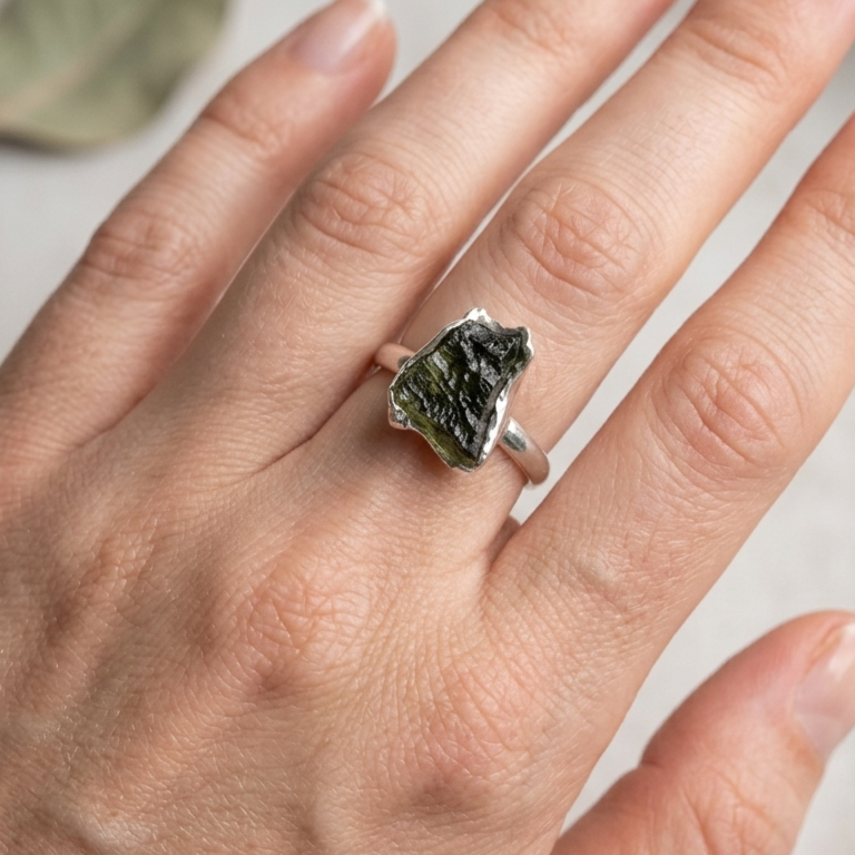 Anello Regolabile in Argento 925 con Moldavite Grezza
