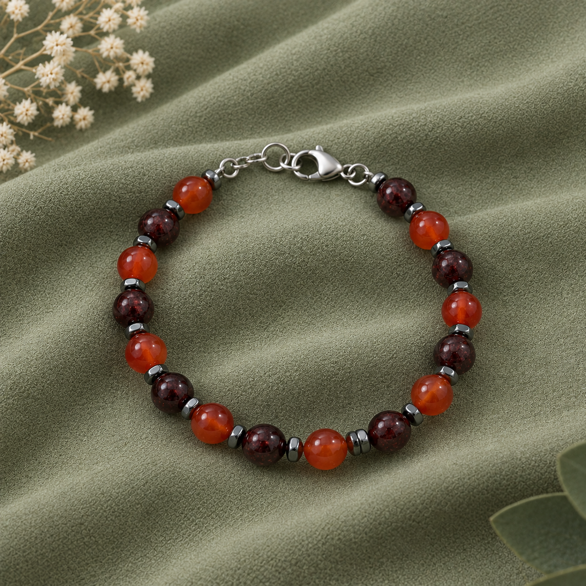 Bracciale in granato e corniola da 8 mm con separatori in ematite e chiusura a moschettone