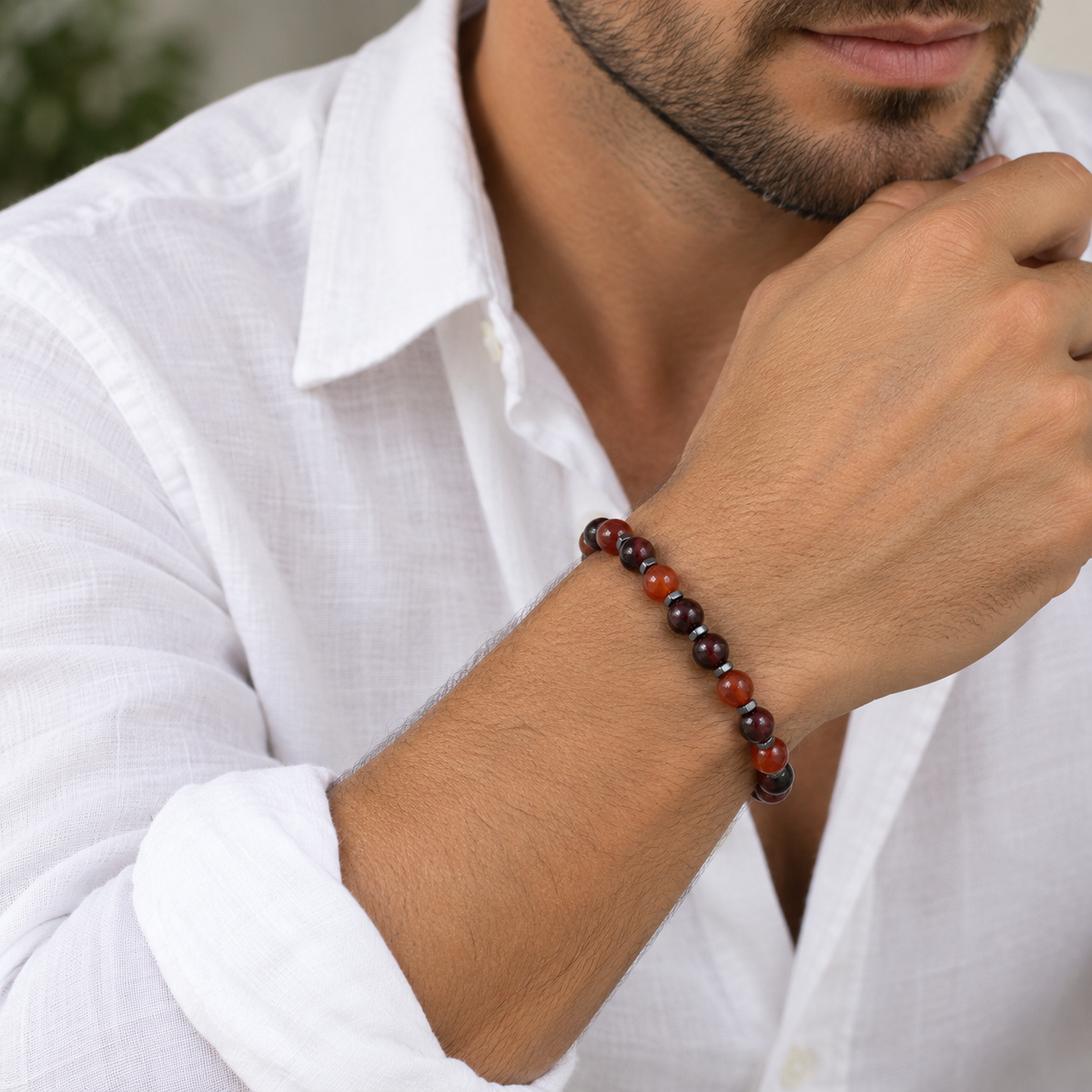 Bracciale in Granato e Corniola con Separatori in Ematite