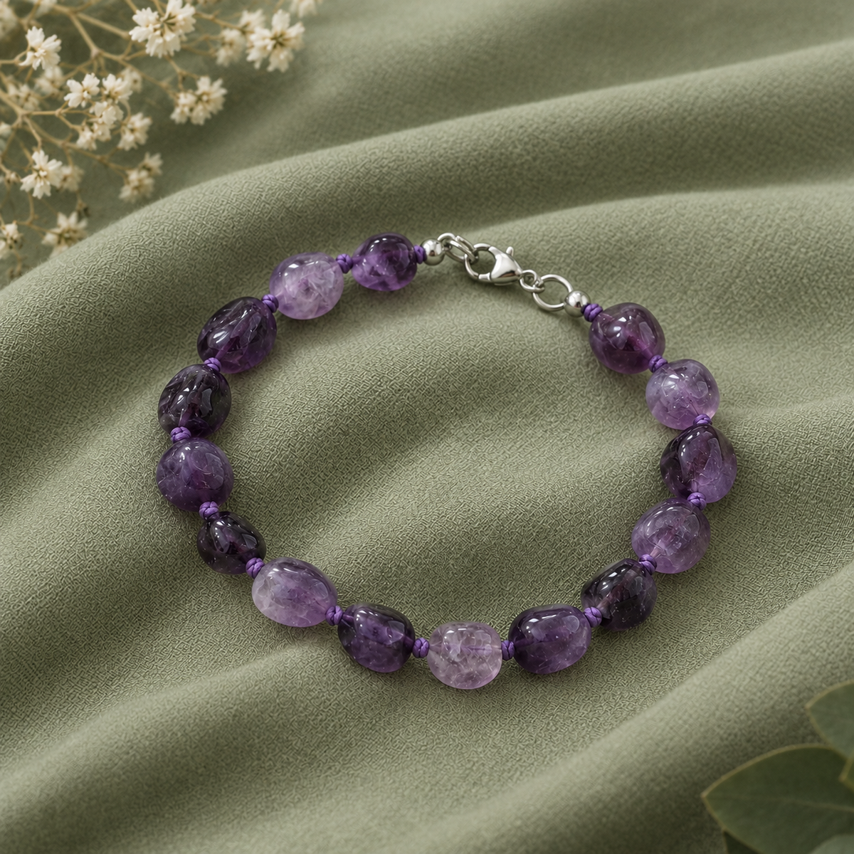 Bracciale in ametista con pietre nuggets viola e lilla separate da nodi, con chiusura a moschettone, su tessuto verde salvia