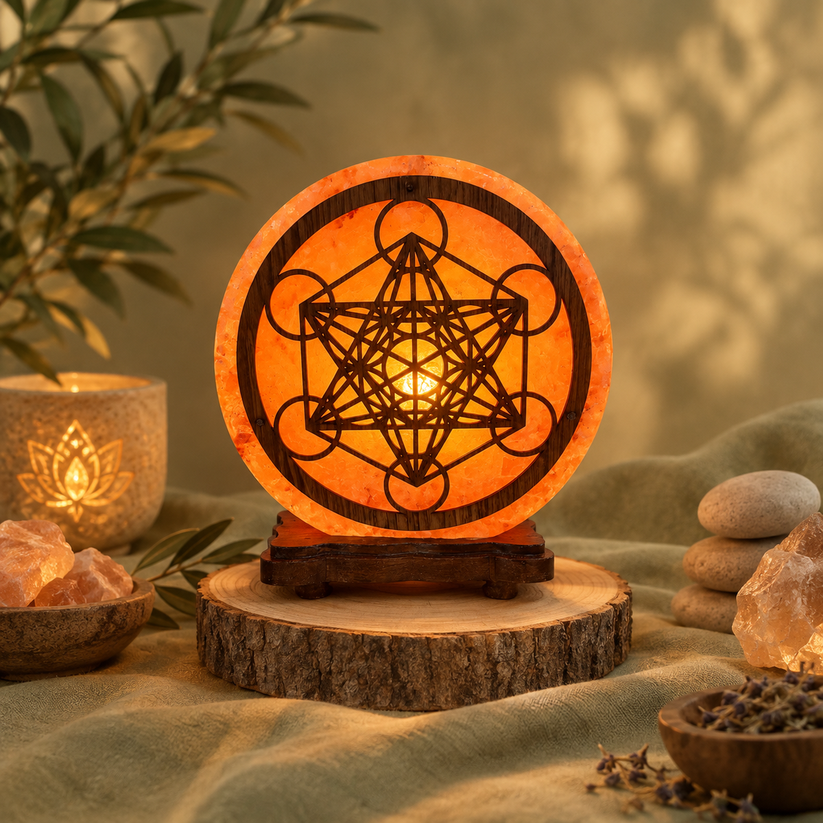 Lampada di sale rosa a disco con Cubo di Metatron inciso su base in legno, h21x20x7cm