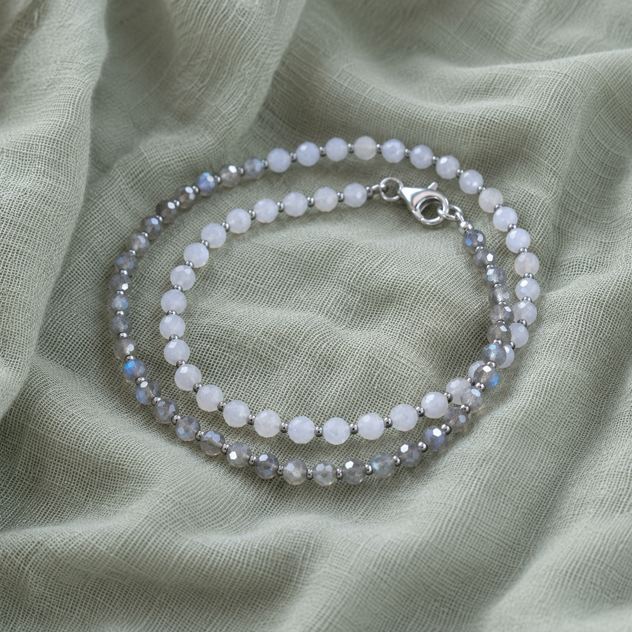 Bracciale Doppio Labradorite e Pietra di Luna Sfaccettata