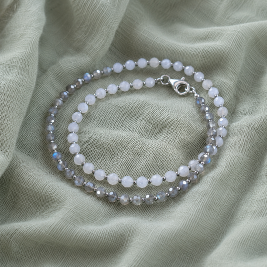 Bracciale Doppio Labradorite e Pietra di Luna Sfaccettata