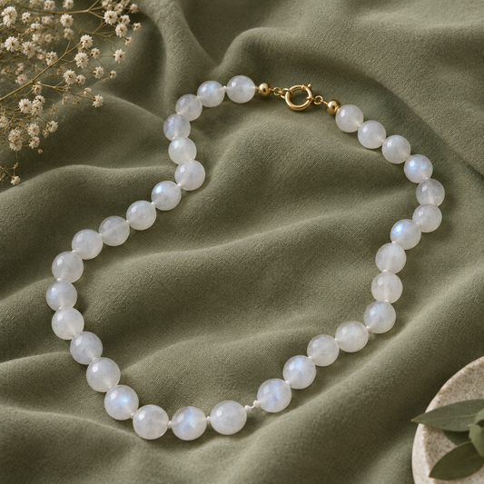 Collana in Pietra di Luna Bianca con Chiusura Dorata