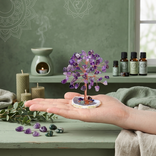 Albero della vita in ametista viola con base in agata naturale
