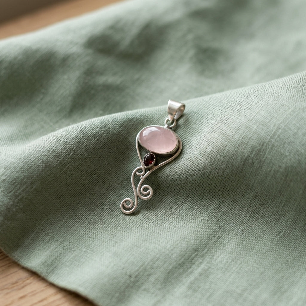 Ciondolo Quarzo Rosa e Granato in Argento 925
