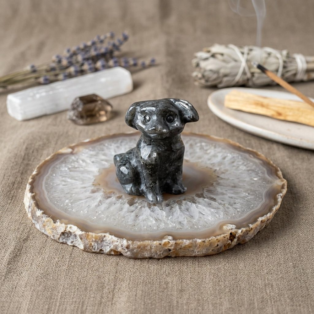 Cagnolino in Larvikite – Scultura in Pietra Naturale