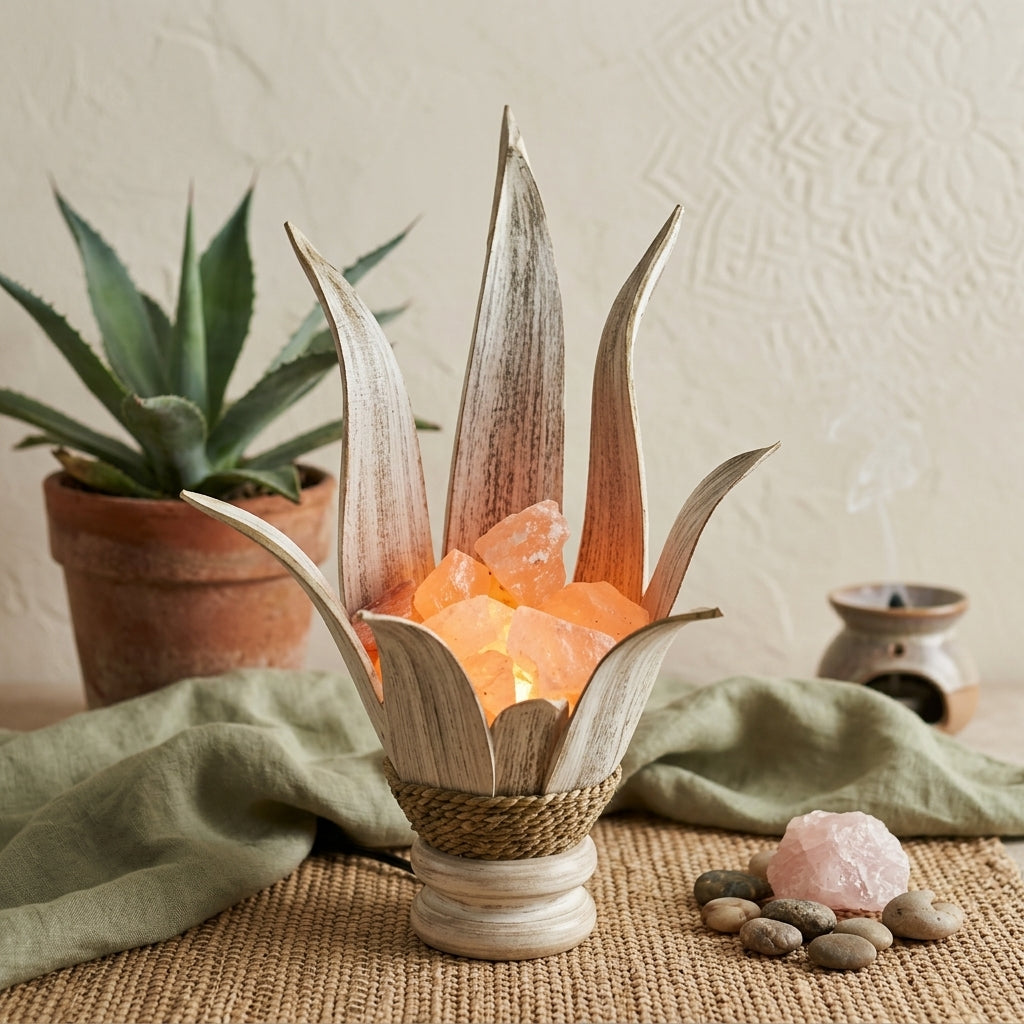 Lampada di sale rosa a forma di ninfea con foglie di cocco decapate e cristalli di salgemma illuminati, h40x30x20cm