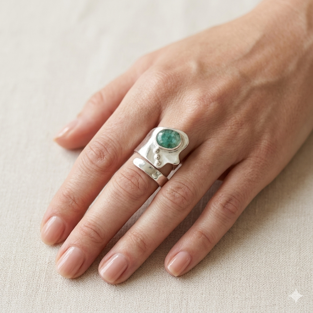Anello in Argento con Radice di Smeraldo – Fascia Larga Regolabile