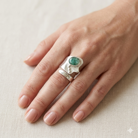 Anello in Argento con Radice di Smeraldo – Fascia Larga Regolabile