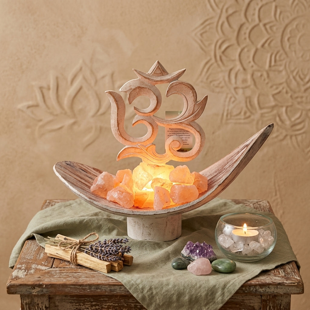 Lampada di sale rosa a forma di simbolo Om con foglie di cocco decapate su base a foglia e cristalli di salgemma illuminati, cm H 45x35x15 cm