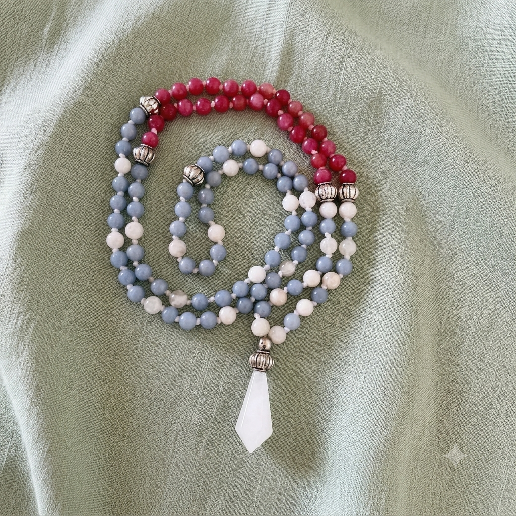 Mala 108 perle rodocrosite angelite pietra di luna guru bead quarzo