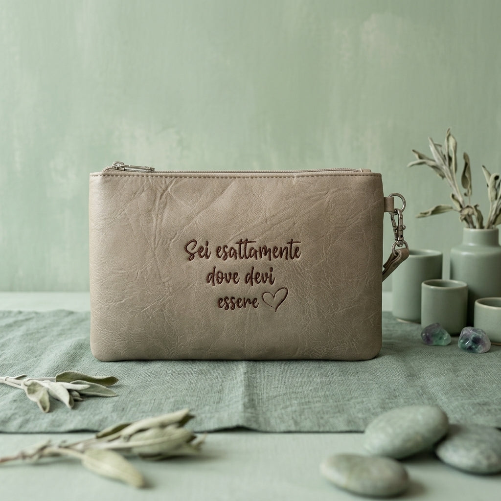 Pochette in ecopelle nera con ricamo "Ognuno vede nel mondo ciò che porta nel cuore" e dettaglio cuore, con polsino, 17x25cm