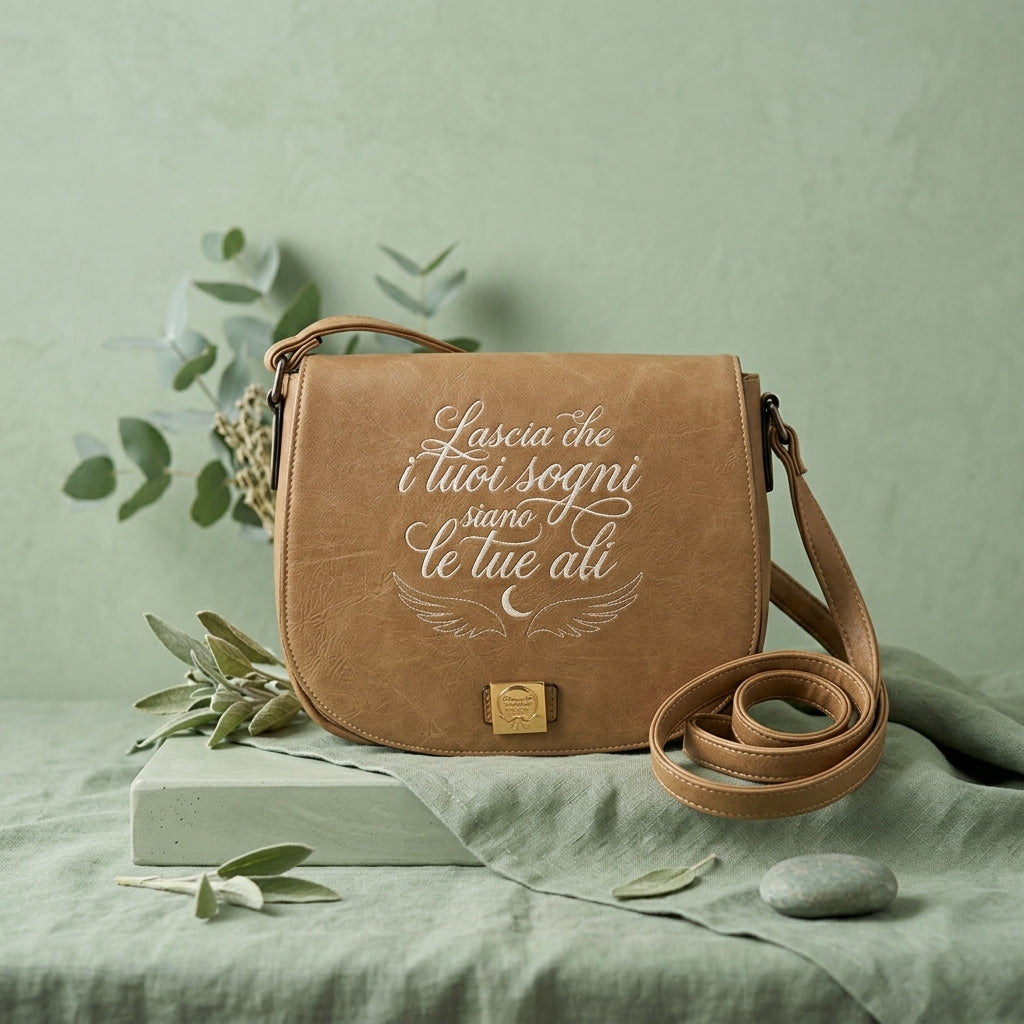 Borsa in ecopelle tortora con ricamo artigianale "Lascia che i tuoi sogni siano le tue ali" e dettaglio ali e luna