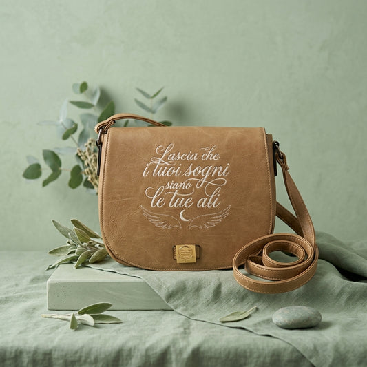 Borsa in ecopelle tortora con ricamo artigianale "Lascia che i tuoi sogni siano le tue ali" e dettaglio ali e luna