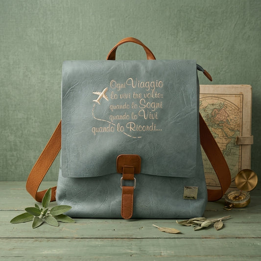 Zaino in Ecopelle Ricamato "Ogni Viaggio lo Vivi Tre Volte"