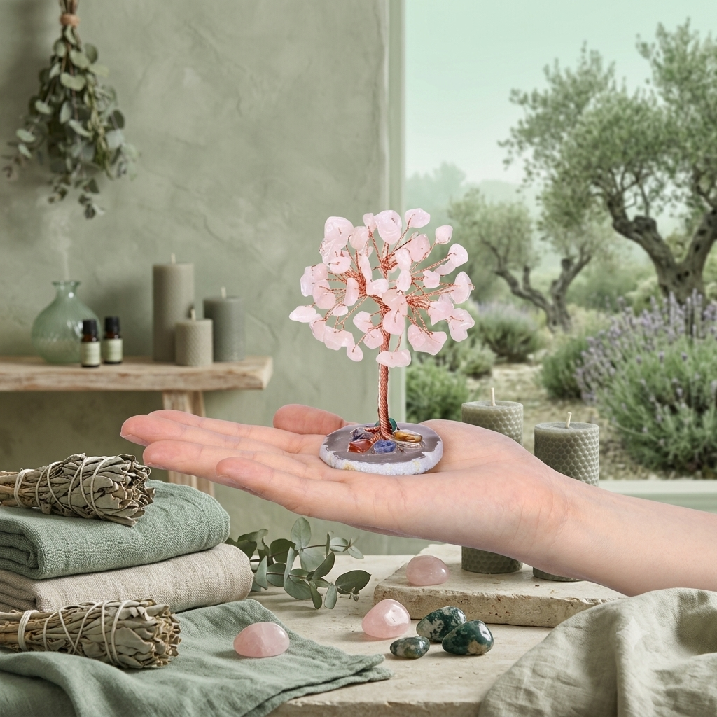 Albero della vita in quarzo rosa naturale su base di agata
