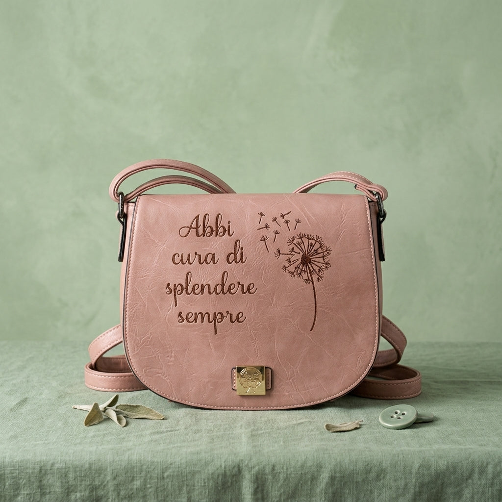 Borsa in ecopelle rosa cipria con incisione "Abbi cura di splendere sempre" e dettaglio soffione