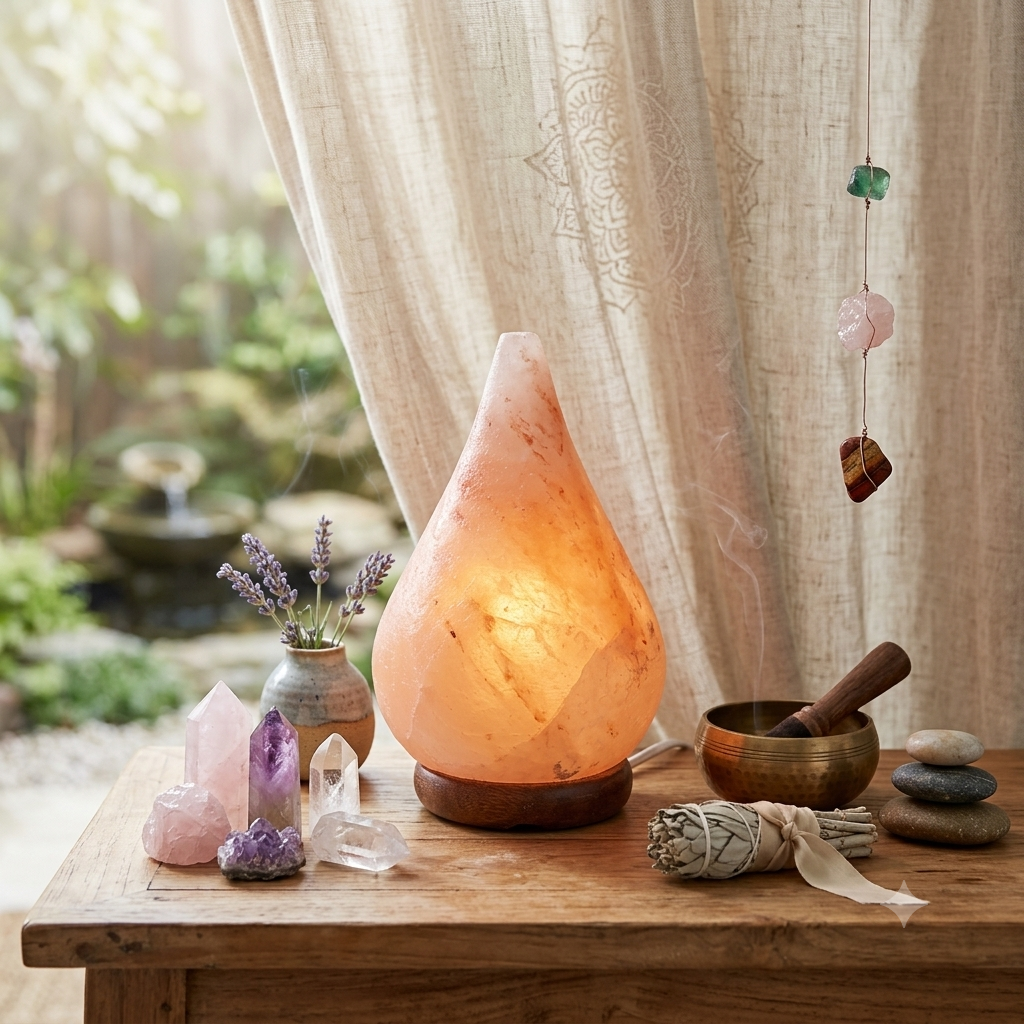 Lampada di sale rosa dell'Himalaya con base in legno accesa